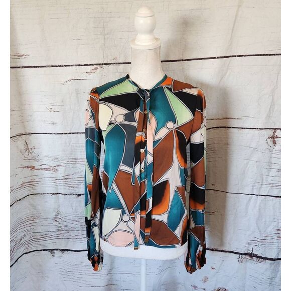 Diane Von Furstenberg Whitman Tie Neck Geometric Blouse Size 0 - Picture 1 of 8
